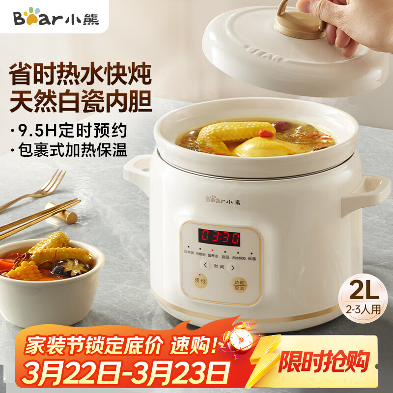 小熊（Bear）电炖锅 电炖盅 煲汤锅 炖汤锅 电砂锅 煮粥锅 婴儿熬粥家用可预约白瓷 2-3人用 DDG-E20M1米黄色2L