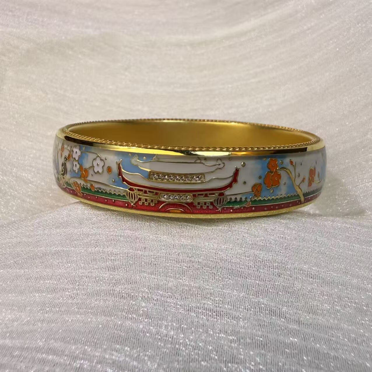 钻之银民族风珐琅彩手镯足银999鎏金拍平工艺 黄色 60圈口约60克