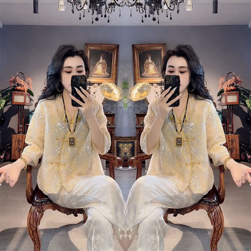 MODX2026夏季新款时尚套装女新中式国风盘扣防晒外套覆古小脚裤两件套 单件外套 L 【90-110斤】