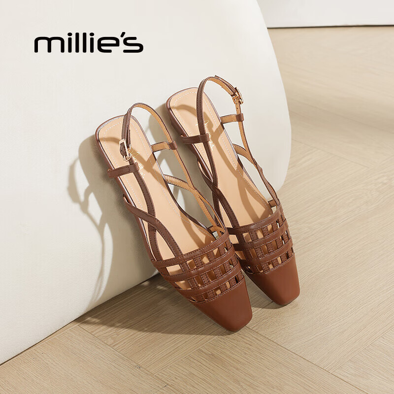 妙丽（Millies）凉鞋女低跟编织真皮时尚浅口搭扣2026春季新款百搭气质一字带凉鞋 棕色 35 (225mm) 标准码
