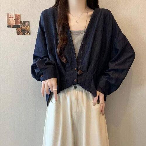 MODX假两件领长袖衬衫女2026早春新款大码胖遮肚设计感不规则上衣 牛仔蓝今年流行/小众/高端轻奢/甜辣/显瘦/遮肚/遮肉/ L