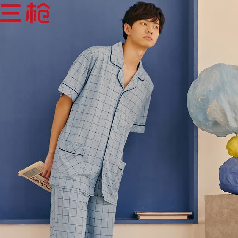 三枪睡衣夏季纯棉翻领对襟格子薄款透气短袖长裤男休闲家居服套装 雾蓝格 2XL