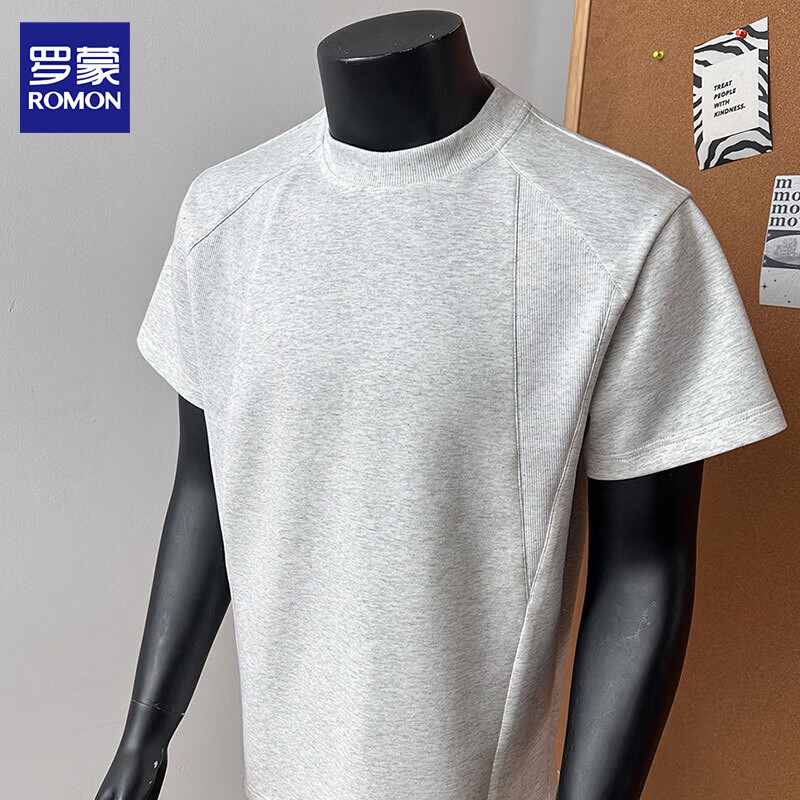 罗蒙美式重磅正肩短袖t恤男夏季新款弹力修身圆领体恤打底衫上衣服男 HT26168浅灰色 XL 约130-150斤