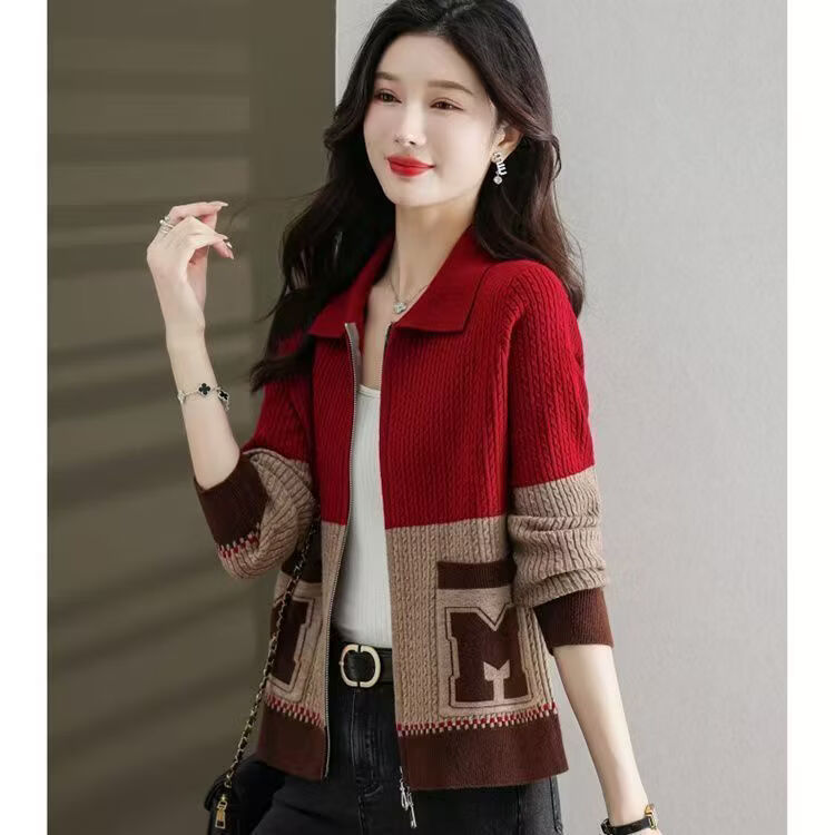 【新款】开衫毛衣外套女短款拼色洋气拉链撞色春秋漂亮针织外搭 红色 3XL 建议140-150斤