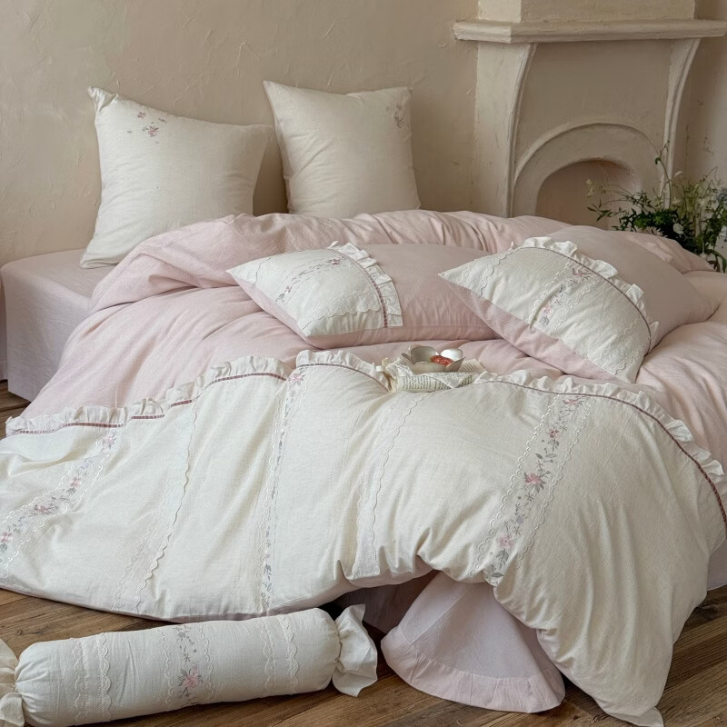 ROLAND LIVE春夏法式棉麻四件套小清新刺绣简约风被套床单少女心床上用品套件 MX 棉麻刺绣四件套-伊水芙蓉 1.5米床 床单款 【被套200*230cm】