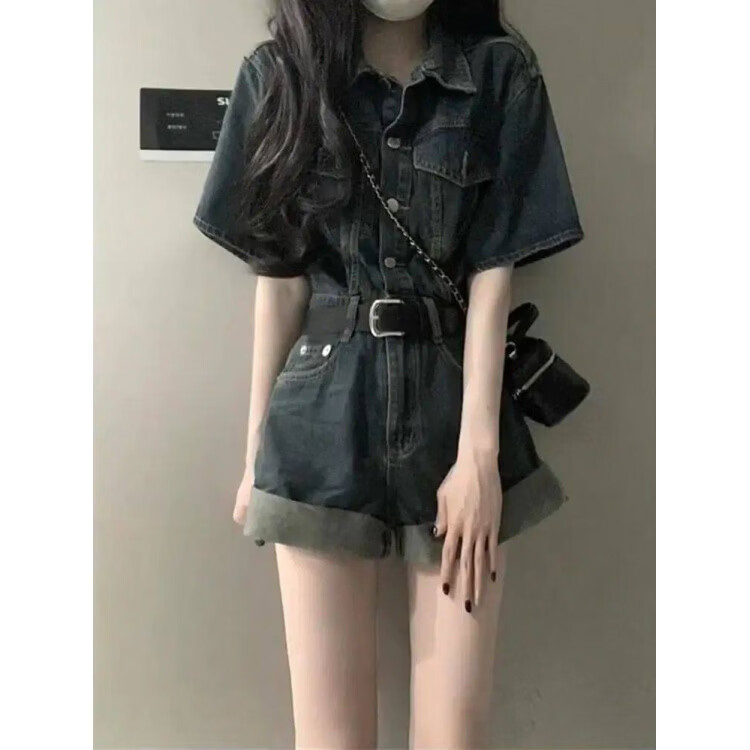 MODX夏季新款美式复古宽松牛仔连身裤胖收腰显瘦阔腿连身短裤套装女 蓝色(搭配腰带) S