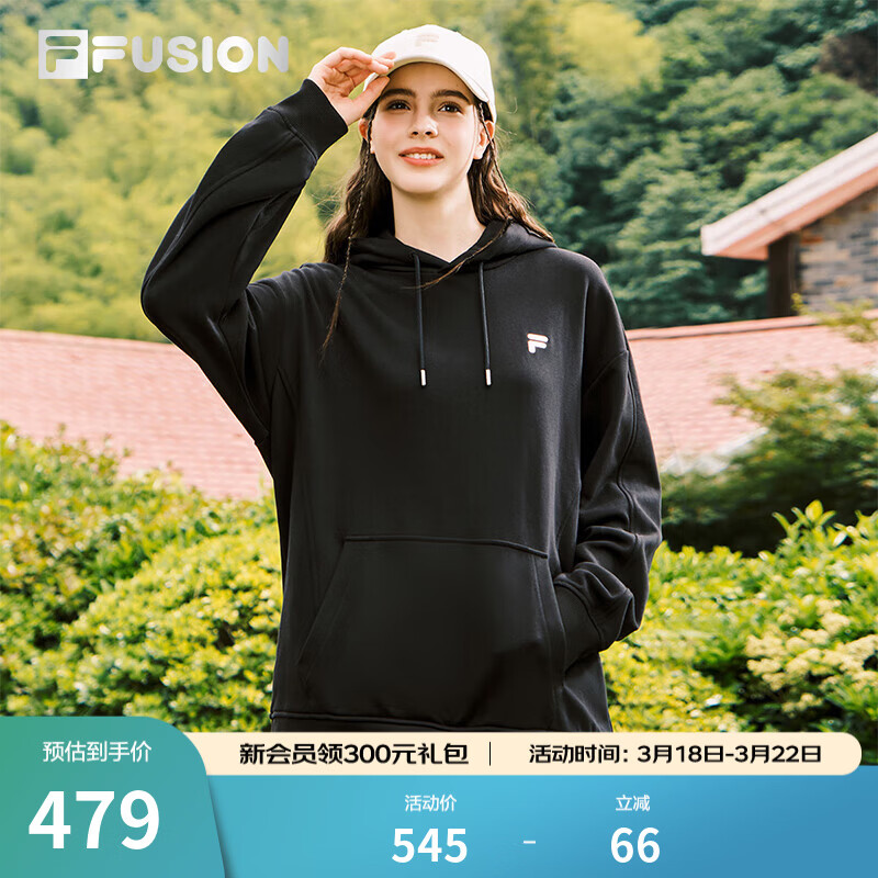 FILA FUSION斐乐潮牌情侣款连帽男女卫衣秋新款纯棉宽松针织上衣 【加绒】正黑色-BK M 170/92A/M