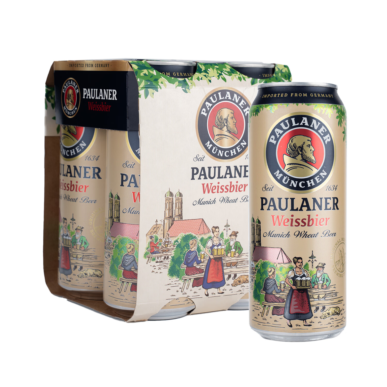 保拉纳（Paulaner）德国进口柠檬拉德小麦柏龙啤酒聚会畅饮麦香浓郁全麦精酿啤酒 柏龙白啤小麦啤酒（WM） 原装进口：500ml*4罐