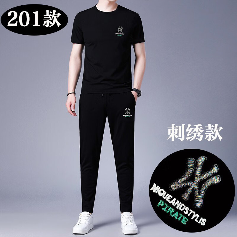 阿玛尼(ARMANI)正品男士桑蚕丝休闲运动套装桑蚕丝黑色短袖长裤组夏高端专柜 十大奢侈品男装国际一线品牌黑色(HL1619短袖+长裤) L 170__(建议120-140斤)