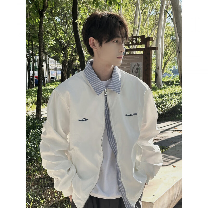 DEREJERINE假两件衬衫领外套男春季美式刺绣条纹拼接棒球服cleanfit飞行夹克 白色 L 110-130斤