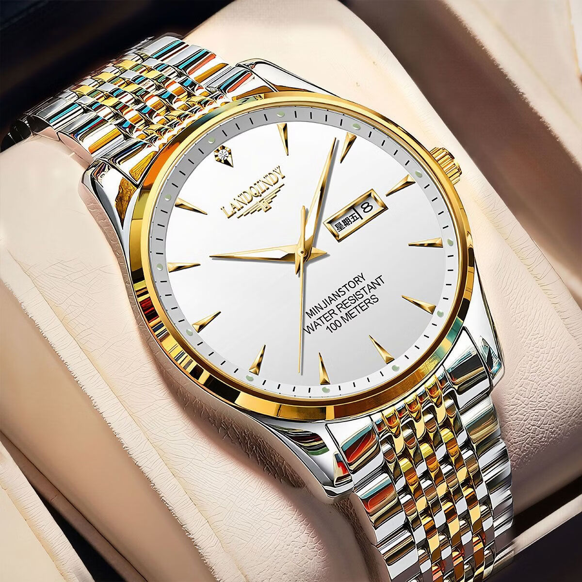 LANDQINDY【LANDQINDY】2026新款全自动手表高端奢华腕表夜光防水男士手表 间金白面【赠原装皮表带+终生质保+精美礼盒】