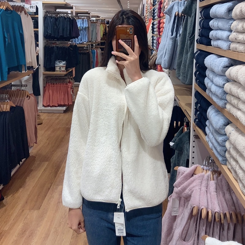 2025秋女装长绒摇粒绒拉链茄克长袖外套保暖珊瑚绒449753479611 乳白色 S