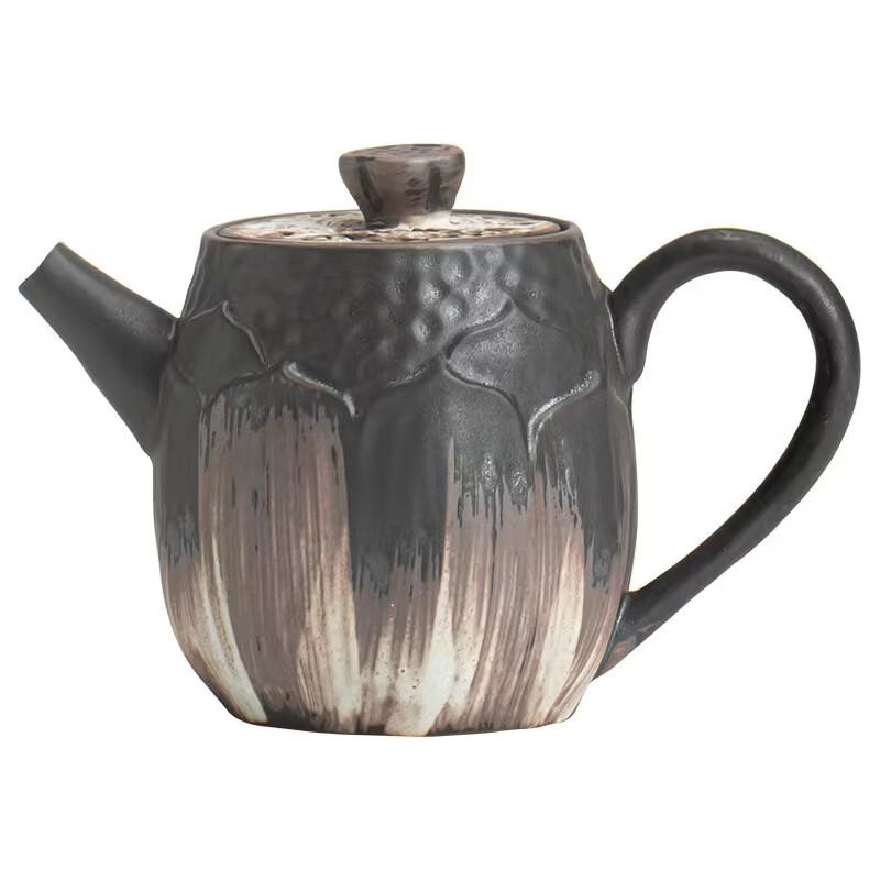 侘寂风复古茶壶 手工浮雕莲蓬正把壶手执壶功夫茶具粗陶小号单壶 荷颂正把壶