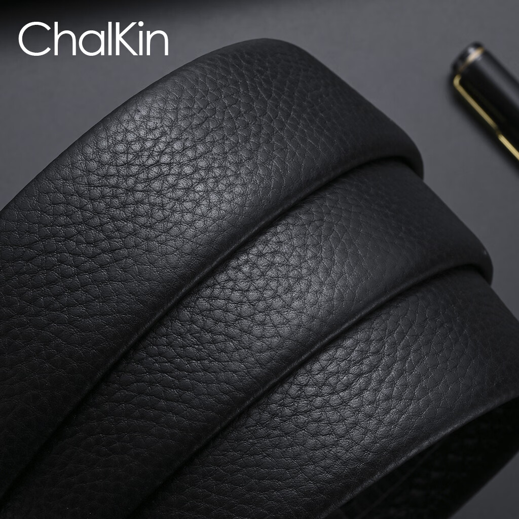 CHALKIN皮带男真皮自动扣内穿式腰带头层牛皮商务内扣不露尾裤带生日礼物 NC38-N拉丝银扣/黑色 120cm 默认长度