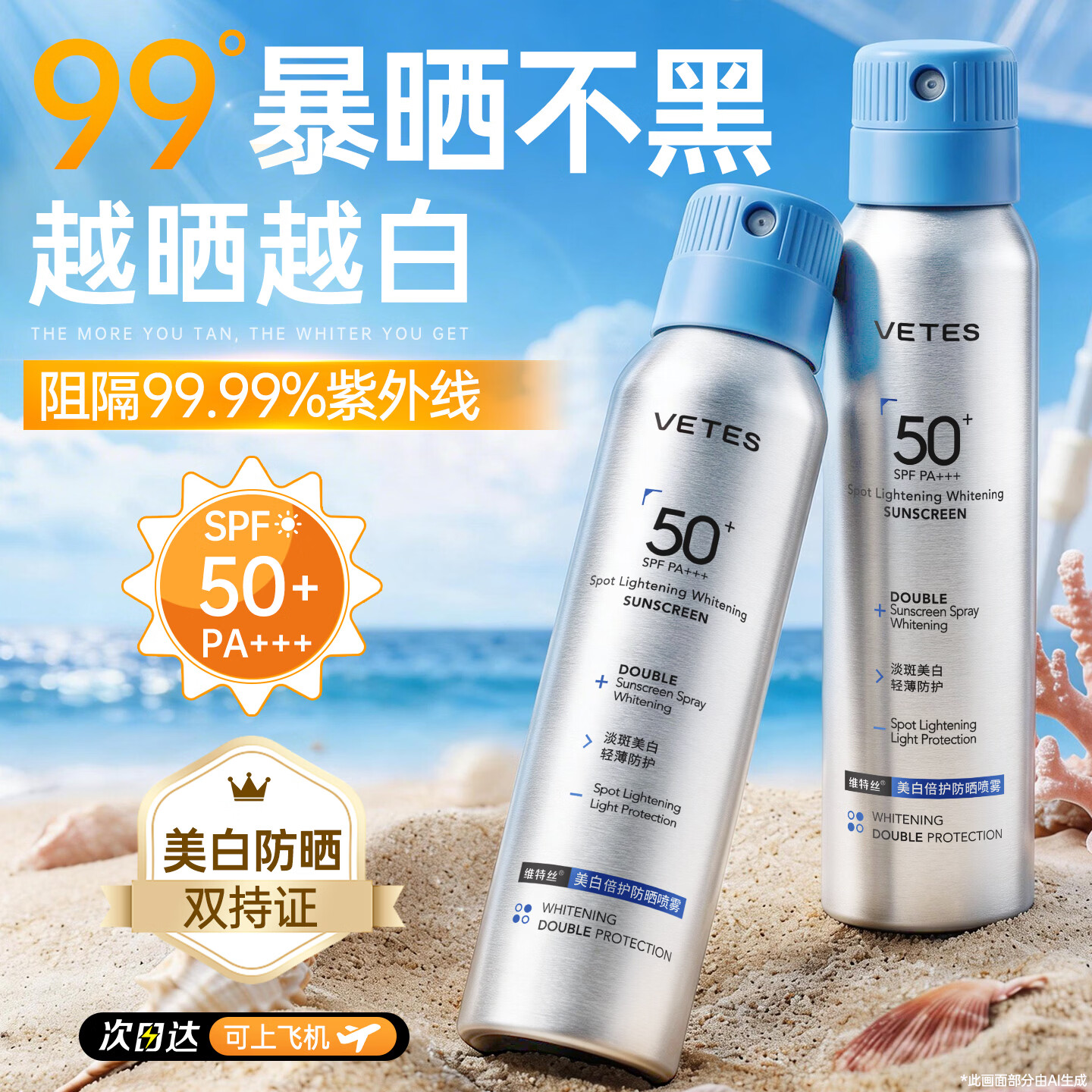 维特丝防晒喷雾霜男女士高倍防晒防水防汗持久紫外线可上飞机户SPF50+