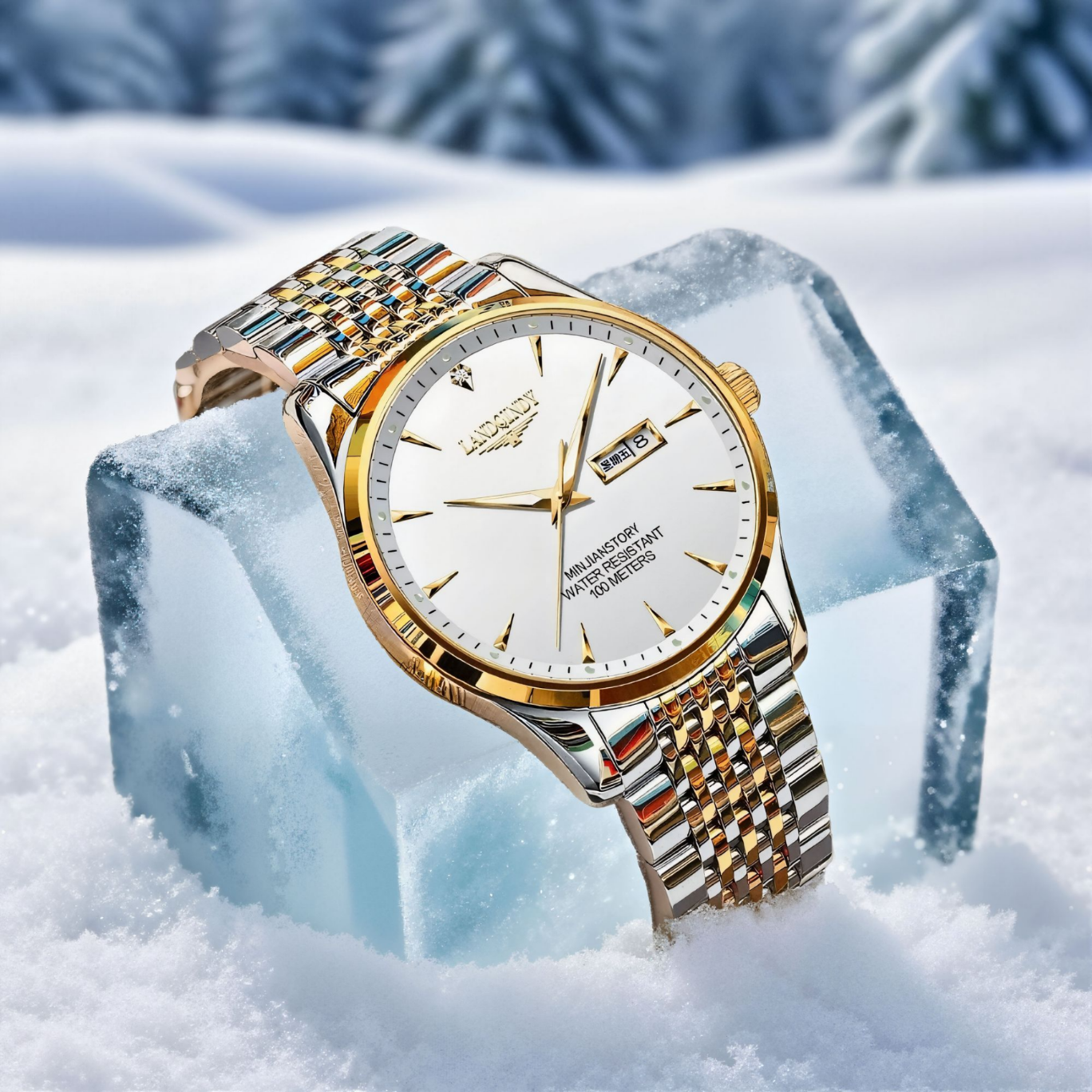 LANDQINDY【LANDQINDY】2026新款全自动手表高端奢华腕表夜光防水男士手表 间金白面【赠原装皮表带+终生质保+精美礼盒】