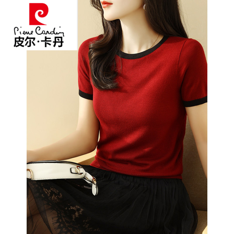 皮尔卡丹品牌高档女装韩版圆领短袖冰丝针织衫上衣2022夏季新款拼色