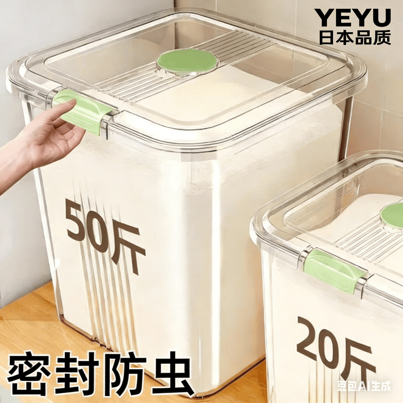 叶余【日本品质】专用储存缸密封食品级家用防虫防潮装米面桶收纳容器 特厚透明绿50斤米/40斤面粉 送量杯 日本品质大容量