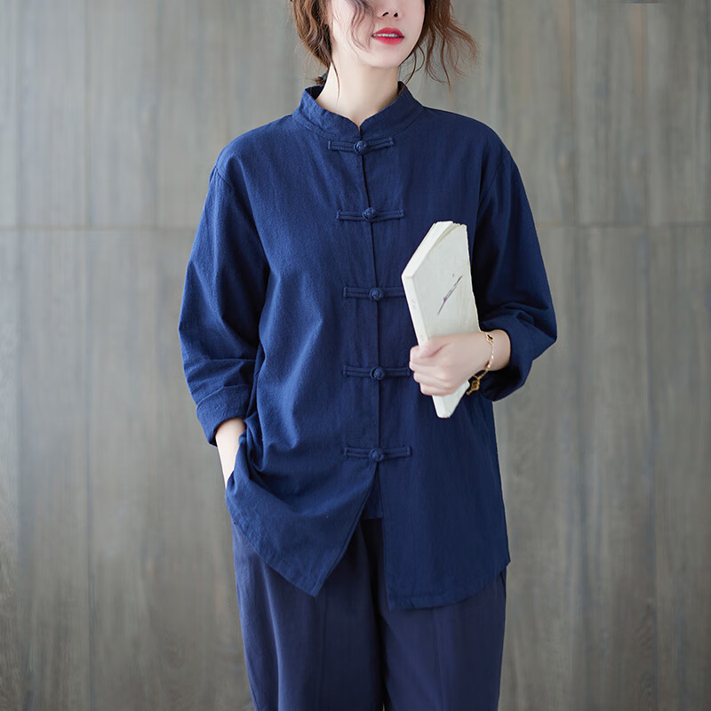 菲奢蘭佛系禪服女套裝棉麻春夏中式復(fù)古盤扣居士服禪意寬松唐裝茶人服 深藍(lán)色_上衣 M