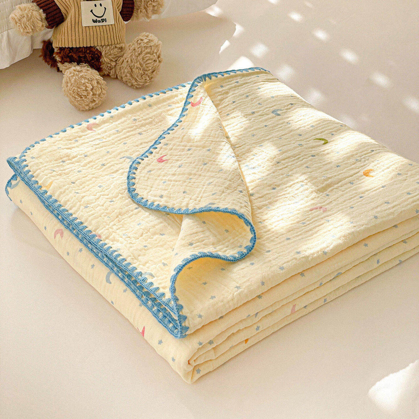 猫人（MiiOW）全棉双层纱布盖毯办公室午睡毯沙发毯儿童卡通空调毯子春夏毛巾被 半月湾【柔软舒适丨透气亲肤】 80x105cm【午休毯】