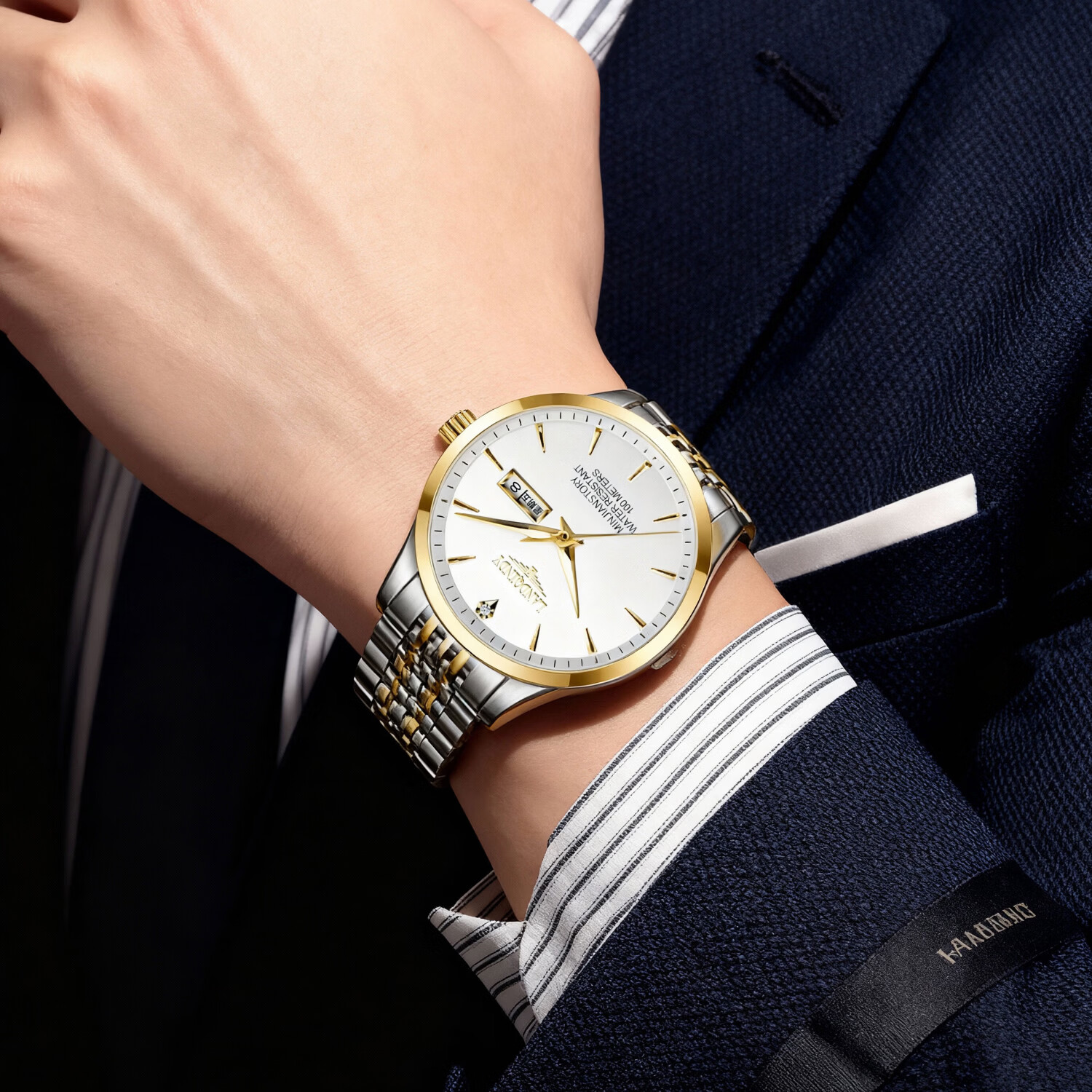 LANDQINDY【LANDQINDY】2026新款全自动手表高端奢华腕表夜光防水男士手表 间金白面【赠原装皮表带+终生质保+精美礼盒】