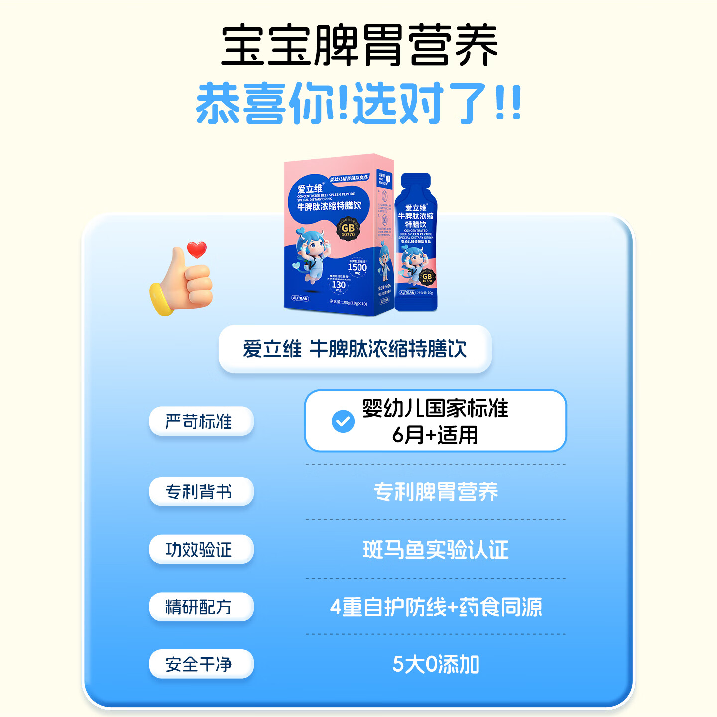 爱立维升级款儿童婴标牛脾肽鸡内金口服液小分子牛脾胃营养浓缩特膳饮 6盒装 10支*6盒