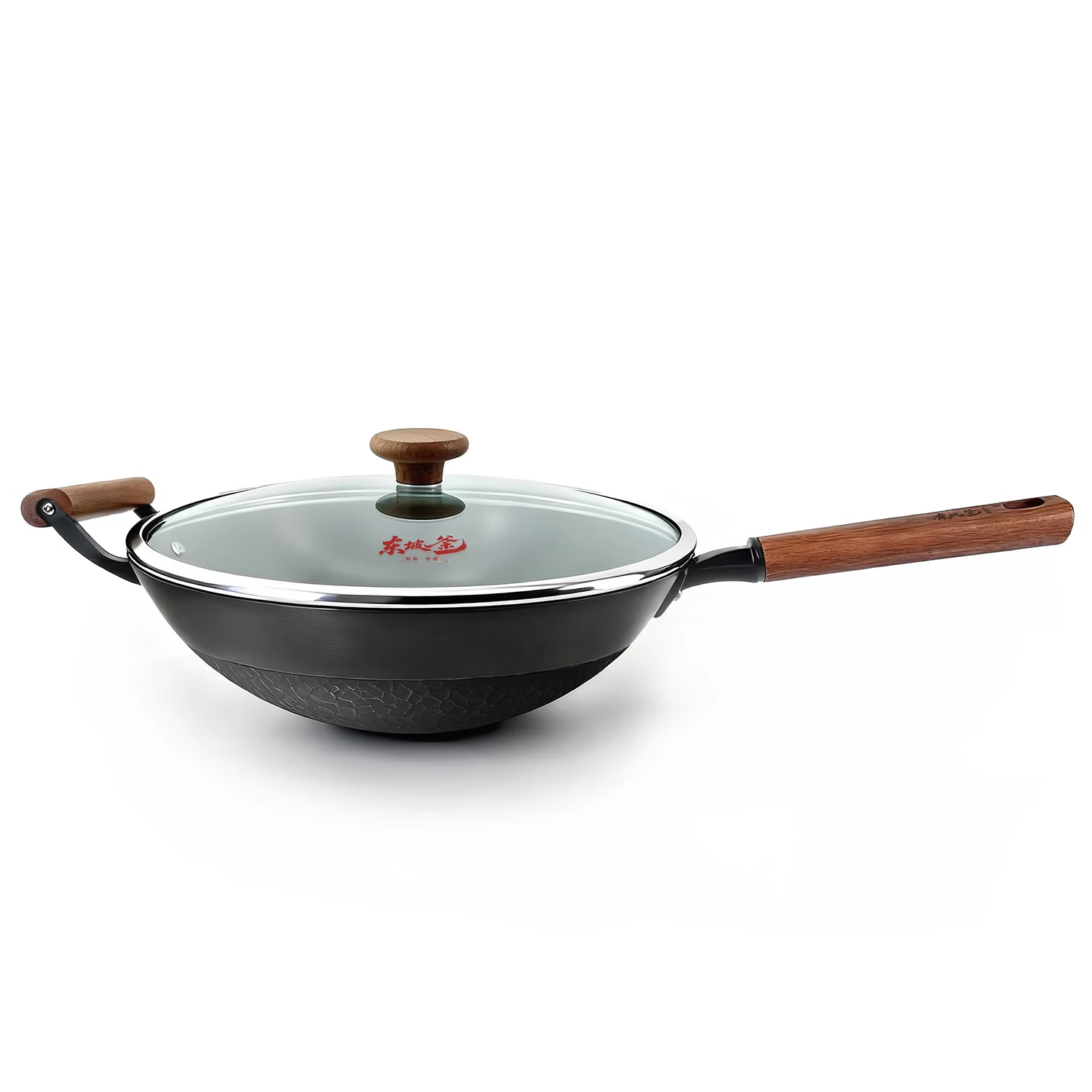 东坡釜郏县非遗铸铁炒锅 无涂层生铁锅加深炒菜锅家用加厚不易粘锅 明月·鳞波纹炒锅【圆底+锅耳+配玻璃盖】 32cm
