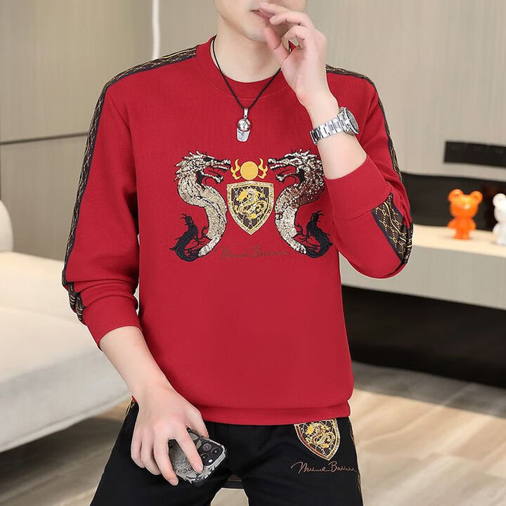 国际米澜轻奢男装休闲套装男2026春秋季高端潮牌时尚帅气圆领卫衣运动套装 LS10黑色套装 XL 建议135-150斤