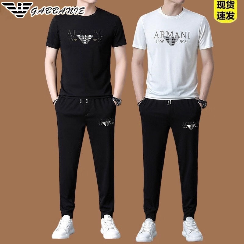 阿玛尼(ARMANI)意大利正品夏季潮流男士运动套装休闲速干跑步冰 丝短袖T恤两件套 十大奢侈品男装国际一线品牌AG_8803款-白色 2XL 180_