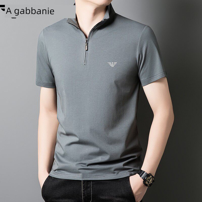 GABBANIE正品正宗纯棉立领男士短袖t恤拉炼式宽松纯色中青年时尚夏装高端 十大奢侈品男装国际一线品牌AMN8010黄色 S 165建议100-125斤