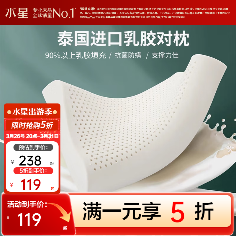 水星家纺出品百丽丝枕头90%泰国天然乳胶原液 抗菌防螨不易变形一对装 泰国天然乳胶原液【对枕】 40cm ×60cm×6cm/×8cm