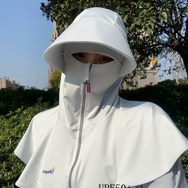 防晒面具全脸套头面罩全包围遮脸女人面罩颈一体户外电动车遮阳 浅灰色【帽披肩一体】