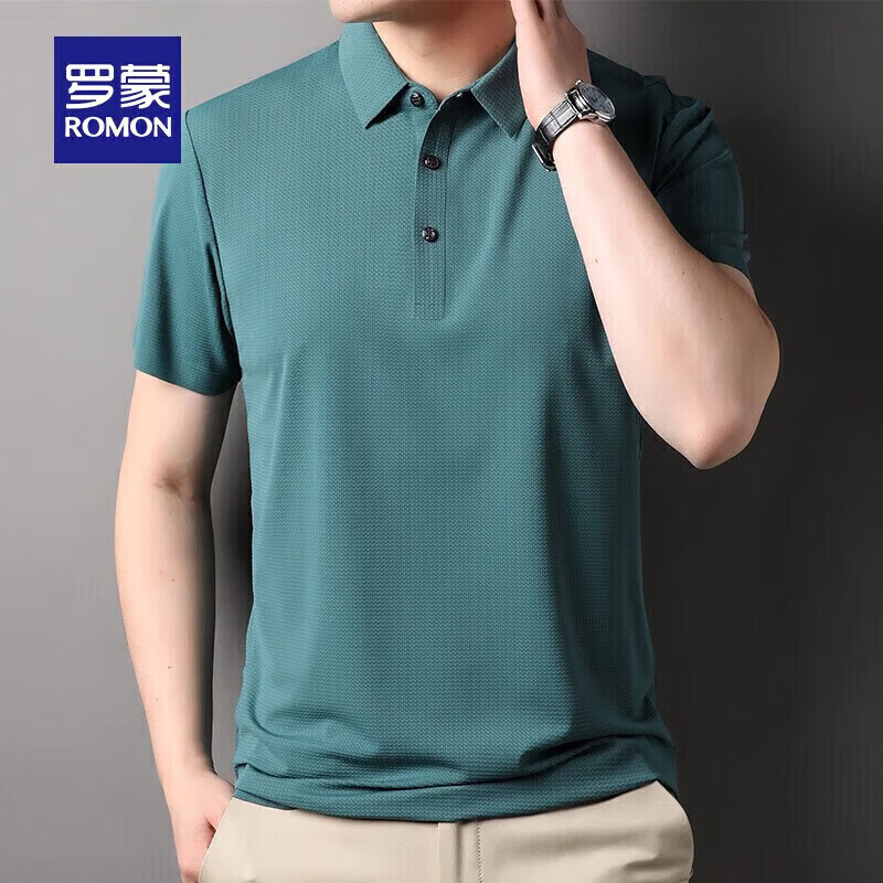罗蒙（ROMON）【高弹无痕】短袖polo衫男夏季新款泡泡格弹力纯色翻领短袖t恤 G2206绿色 3XL 190/104A（建议175-195斤）