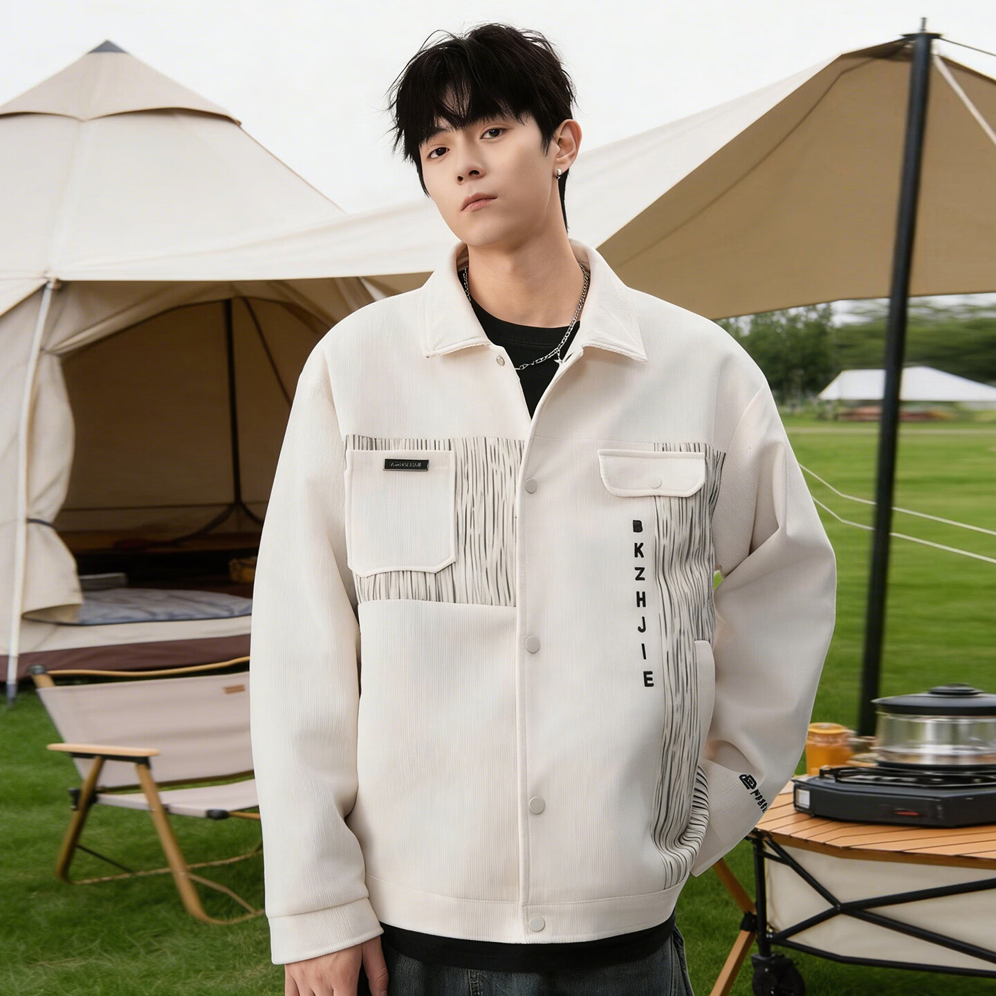 港诗伦美式工装外套男2026春季宽松夹克 米白色 常规 4XL (190)