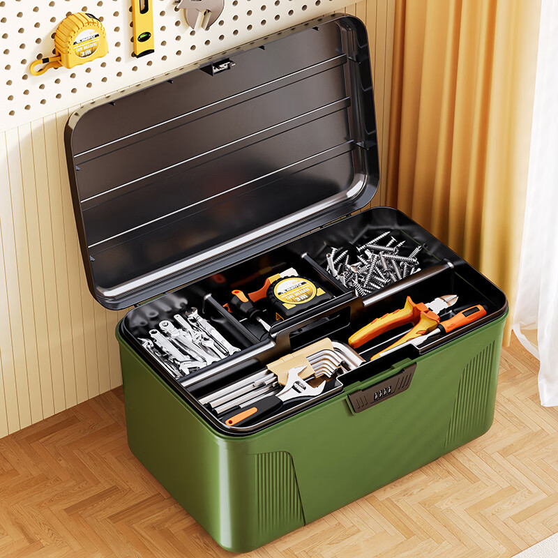 纳份爱工具箱家用零件五金配件多功能双层收纳箱手提式密码箱文件保险箱 绿色中号-7L【双层分格/手提设计/3位密码锁】
