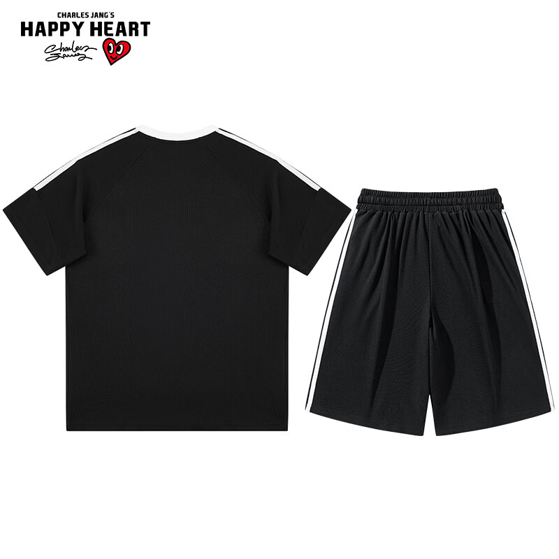 查尔斯桃心 经典条纹运动套装男夏季宽松休闲跑步短袖短裤套装 黑色 S