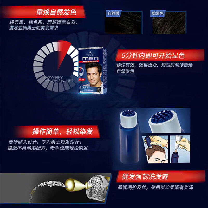 施华蔻(Schwarzkopf)男士染发霜染发剂 遮白盖白染发膏自己染快显色男士专用 【男士专用】2.0自然黑色