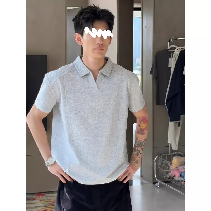 POUM白花灰美式翻领短袖Polo衫男款夏季boxy版型t恤感内搭半截袖 CLF-T212白灰色 XL