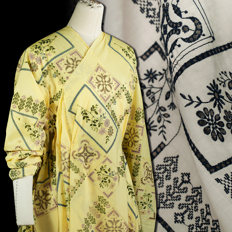 黄 米白色精致定位绣花复古文艺宽松长袍 女上衣 手工diy制衣面料夏布