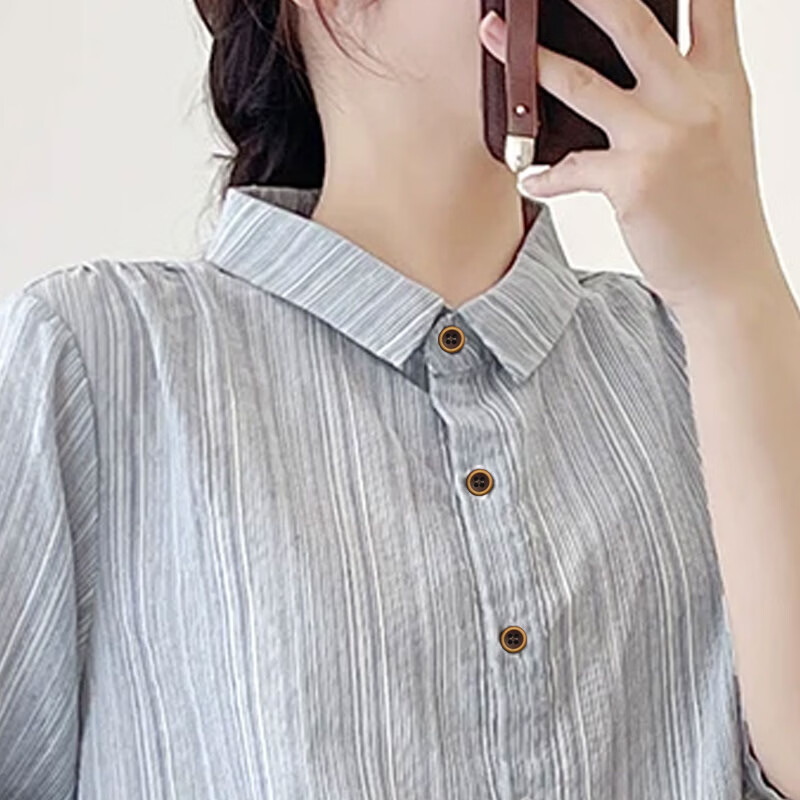 子牧棉麻2026春夏装 女设计感小众气质法式条纹衬衫女洋气小衫衬衣7388 蓝色 XL (建议125-135斤)