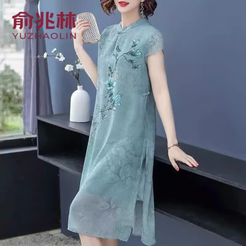 俞兆林妈妈大码民族风连衣裙旗袍改良版夏季年轻款中老年阔太太雪纺裙子 绿色 XL 建议105-115斤