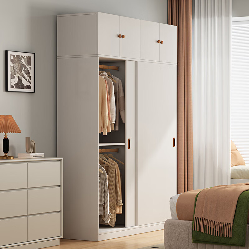 溥畔实木衣柜家用卧室奶油风全实木可定制儿童移门大衣橱储物收纳柜 160长50宽180高+顶柜 整装