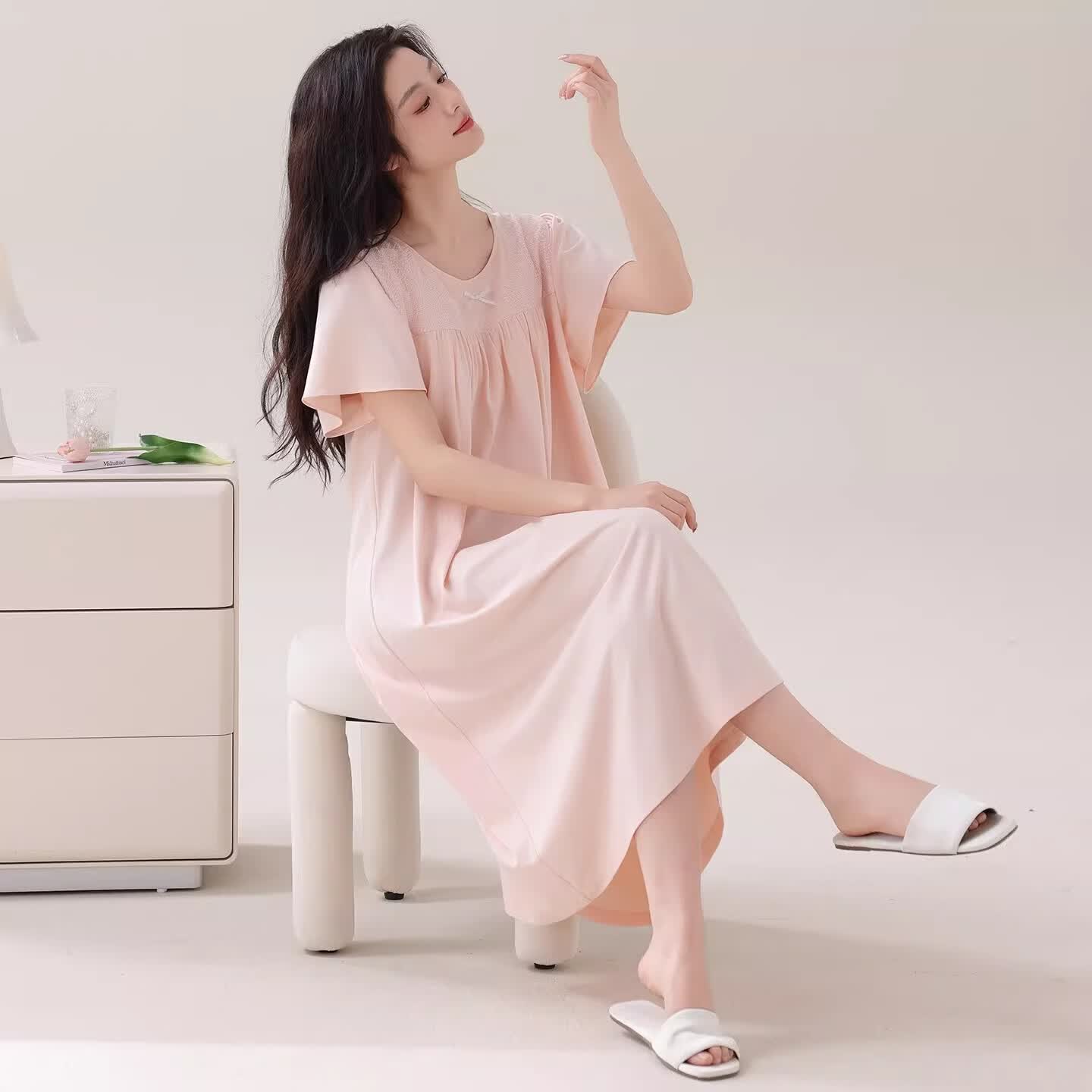 莫代尔莱赛尔睡裙女春夏季圆领蕾丝2026新款带胸垫甜美风家居服 39M26108 L (建议100-120斤)