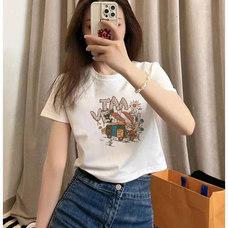 CronetKcnsy纯棉短袖t恤女大码夏季新款女装宽松显瘦白色体恤上衣打底衫ins潮 短款高腰-TAA汽车 L 建议100-115斤