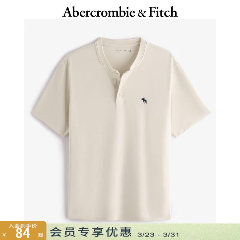 Abercrombie &amp; Fitch经典小麋鹿图案男装25夏季美式重磅宽松亨利领短袖T恤 奶油色 M (180/100A)尺码偏大