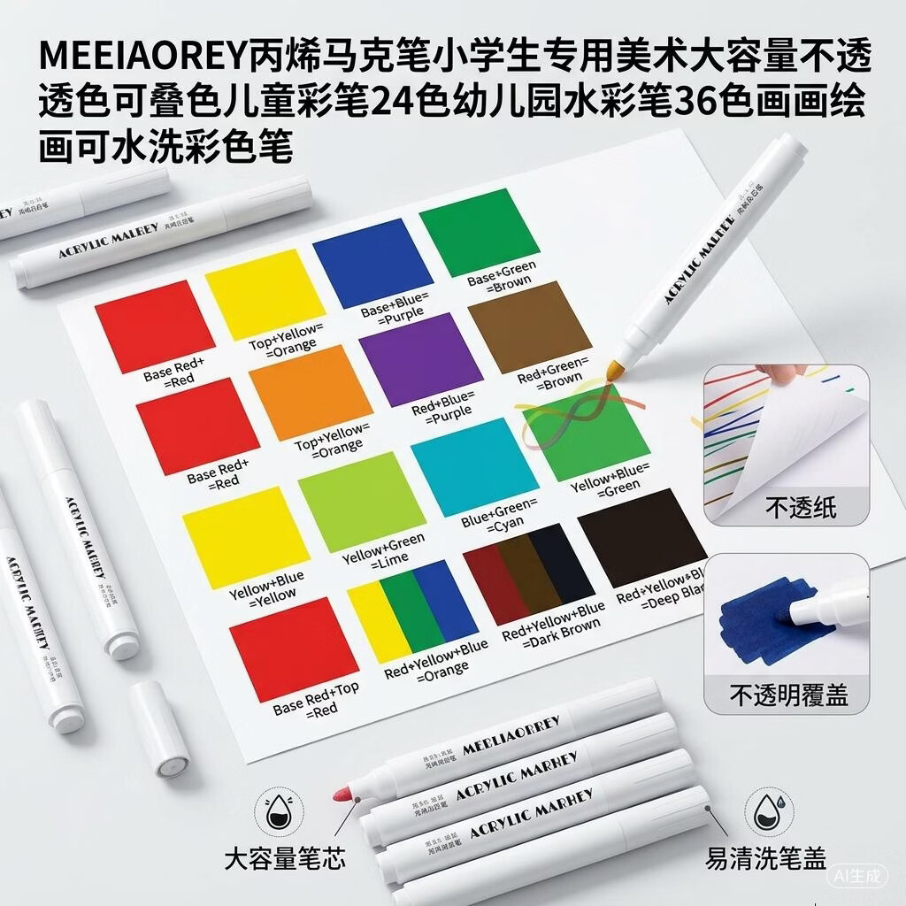MEEIAOREY丙烯马克笔小学生专用美术大容量不透色可叠色儿童彩笔24色幼儿园水彩笔36色画画绘画可水洗彩色笔 【全套36色】加墨100%-速干可叠色送贴纸 【粗杆】可叠色可水洗