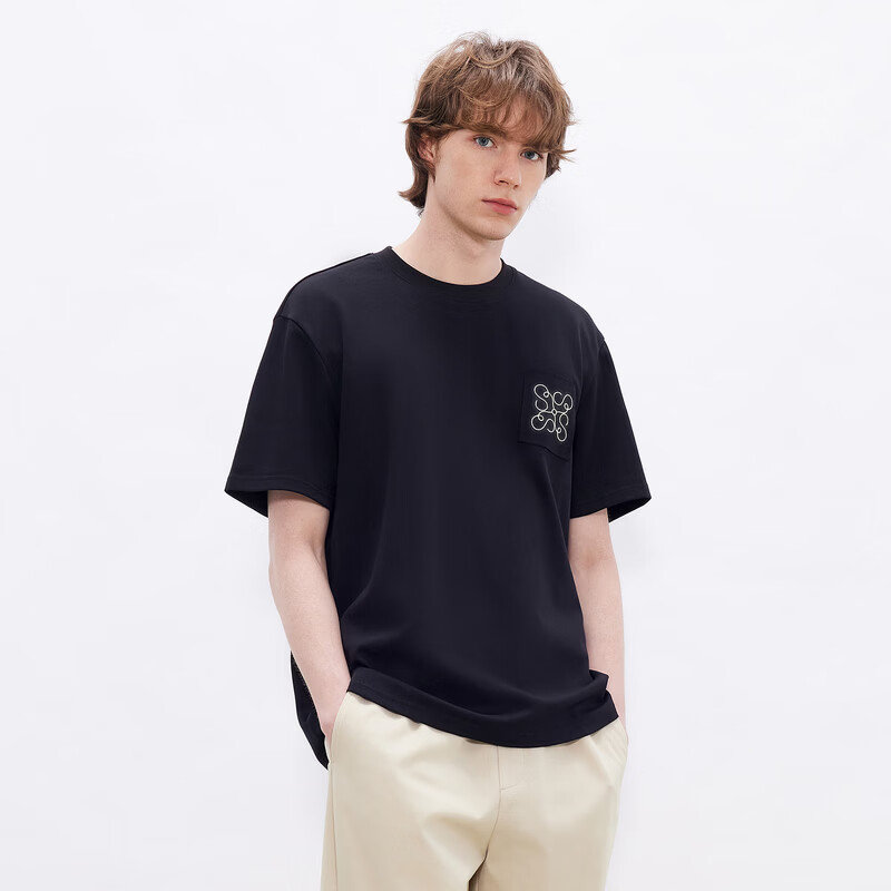 gxgjeans男装 凉感多色立体绣花通勤简约圆领短袖T恤 26夏新品 黑色 S (165)