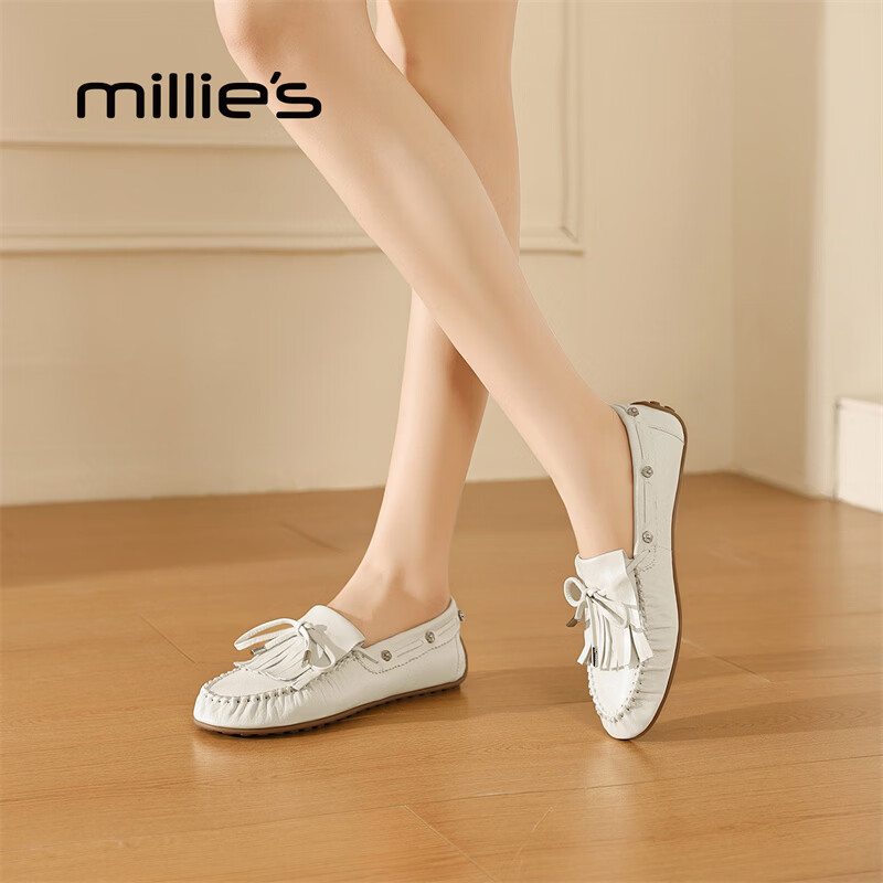 妙丽（Millies）乐福鞋女平底复古时尚2026春季新款百搭舒适通勤小皮鞋 米白色 35 (225mm)