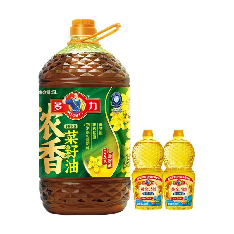 多力浓香菜籽油5L和黄金3益葵花籽油238ml*2瓶组合家用食用油 多力浓香菜籽油5L+黄3葵238ml*2瓶