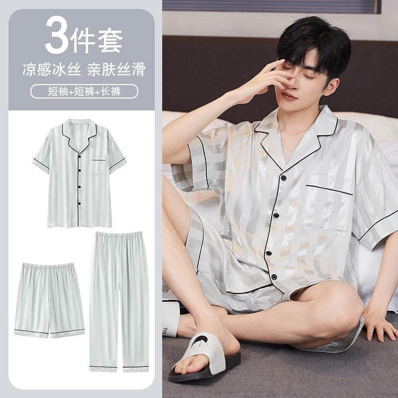 猫人男士睡衣夏季冰丝短袖睡裤夏天裸感薄款大码简约青少年家居服套装 冰雪条纹-升级三件套 【短袖+短裤+长裤】 L 【165-173cm/约105-130斤】